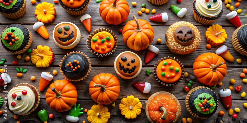 Halloween Cupcake Feast: A delightful spread of Halloween-themed cupcakes, pumpkins, and candy, perfect for a festive party or spooky celebration. The vibrant colors and playful details create a fun a Halloween Cupcake Feast: A delightful spread of Halloween-themed cupcakes, pumpkins, and candy, perfect for a festive party or spooky celebration. The vibrant colors and playful details create a fun a