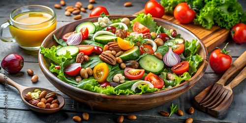 Fresh Salad with Pecans and Dressing 