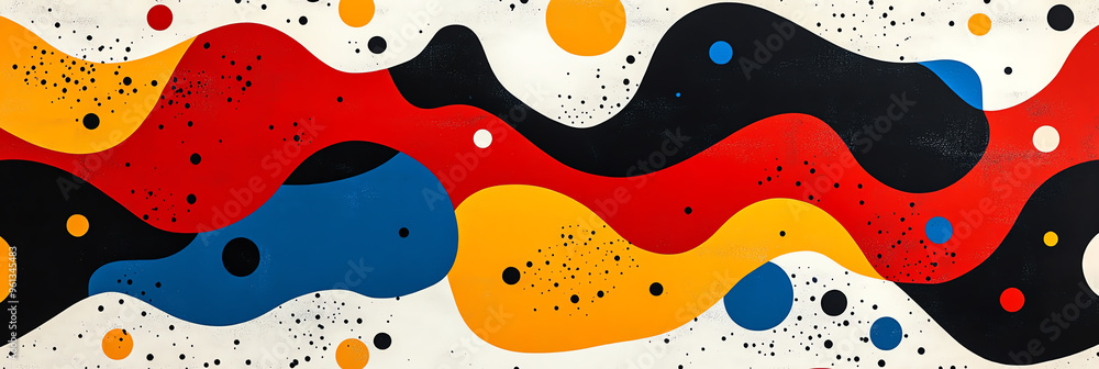 Fototapeta premium Vibrant abstract artwork featuring flowing shapes in red, blue, yellow, and black, perfect for modern decor and creative projects.