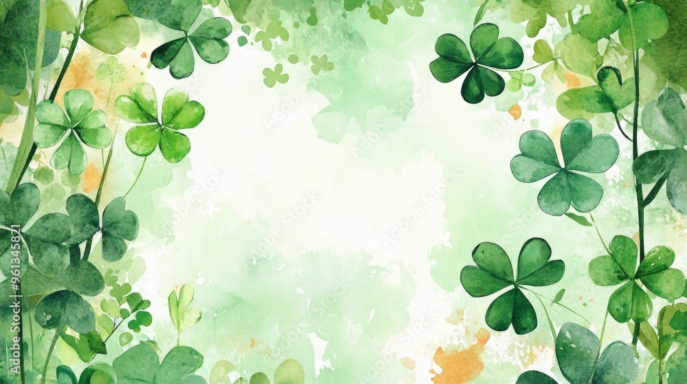 Serene Watercolor Background with Lush Clover Leaves and Soft Green Hues for Nature-Inspired Designs Serene Watercolor Background with Lush Clover Leaves and Soft Green Hues for Nature-Inspired Designs