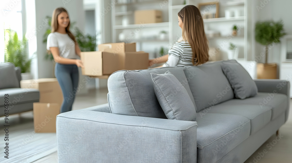Two women moving boxes in a modern living room setting. Two women moving boxes in a modern living room setting.