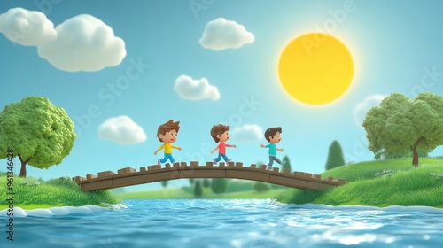 3D cartoon children crossing a wooden bridge over a gently flowing river, with a big, happy sun in the sky and ample space for text.