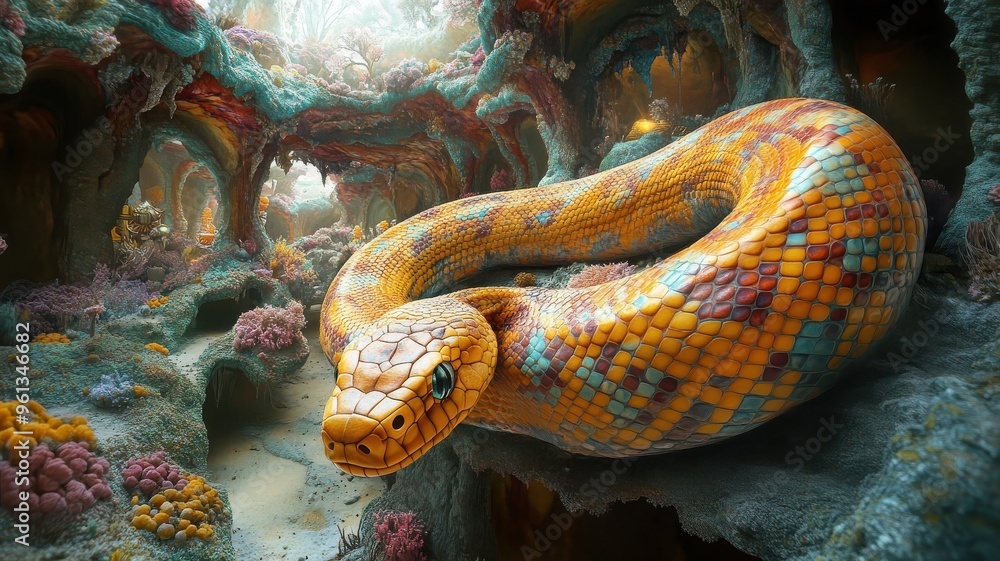 Surreal vision, a snake in a dreamlike, fantastical environment with imaginative elements and vivid colors, creating a whimsical, otherworldly scene. Surreal vision, a snake in a dreamlike, fantastical environment with imaginative elements and vivid colors, creating a whimsical, otherworldly scene.
