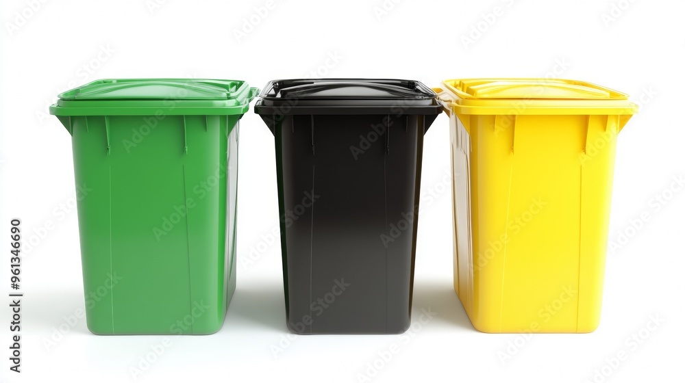 Collection of Three Recycling Bins. Black, Green, and Yellow Collection of Three Recycling Bins. Black, Green, and Yellow