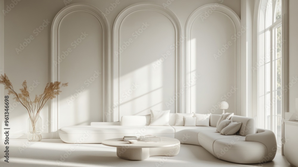 Minimalist Living Room with White Sofa and Arched Walls Minimalist Living Room with White Sofa and Arched Walls