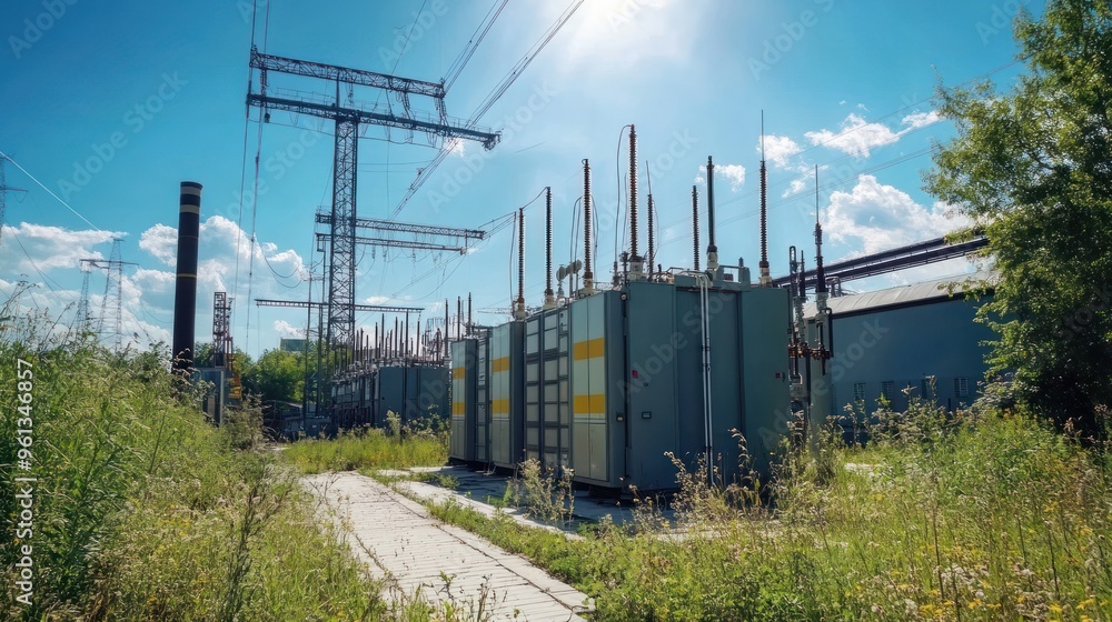 Obraz premium Power substation with tall metal structures and large electrical transformers