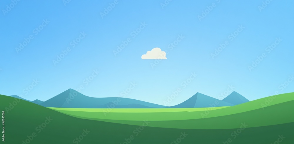 Vibrant green hills under a clear sky with fluffy white clouds and a bright sun in a cartoon-style landscape Vibrant green hills under a clear sky with fluffy white clouds and a bright sun in a cartoon-style landscape