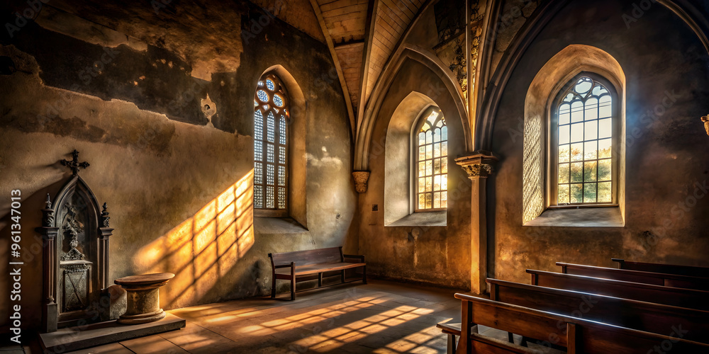 Obraz premium Sunlit Sanctuary: Tranquil rays of sunlight illuminate a weathered chapel, highlighting the beauty of its architecture and evoking a sense of peace and reverence. 