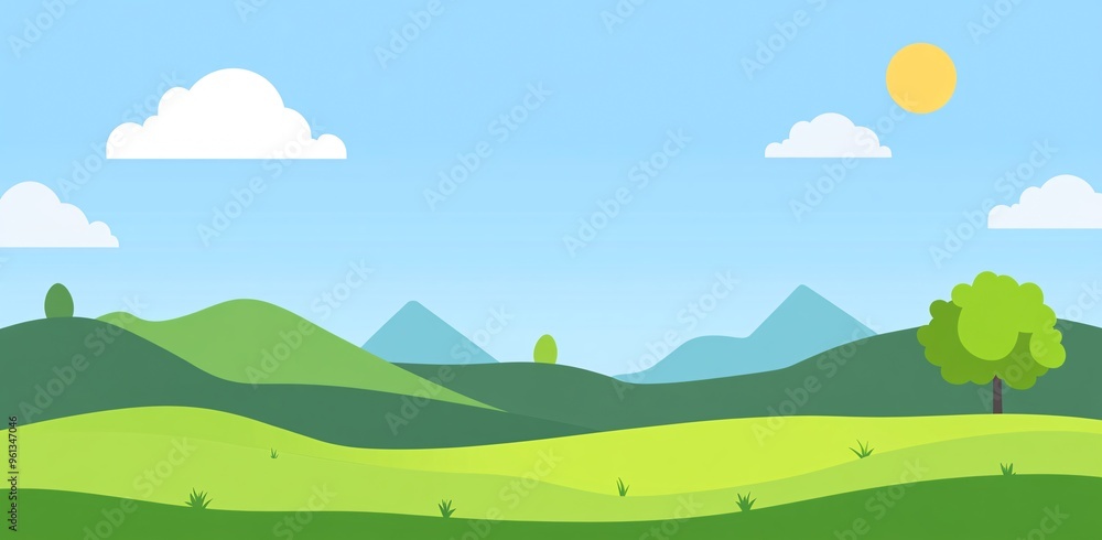Vibrant green hills under a clear sky with fluffy white clouds and a bright sun in a cartoon-style landscape Vibrant green hills under a clear sky with fluffy white clouds and a bright sun in a cartoon-style landscape