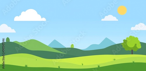 Vibrant green hills under a clear sky with fluffy white clouds and a bright sun in a cartoon-style landscape