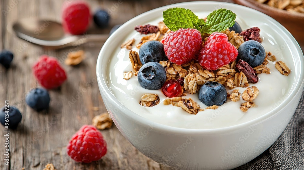 Delicious Yogurt Parfait with Granola Blueberries Raspberries and Mint Delicious Yogurt Parfait with Granola Blueberries Raspberries and Mint