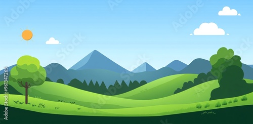 Vibrant green hills under a clear sky with fluffy white clouds and a bright sun in a cartoon-style landscape