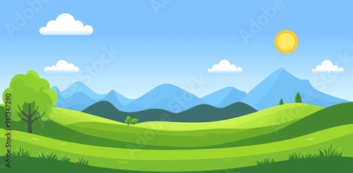 Wallpaper Mural Vibrant green hills under a clear sky with fluffy white clouds and a bright sun in a cartoon-style landscape Torontodigital.ca