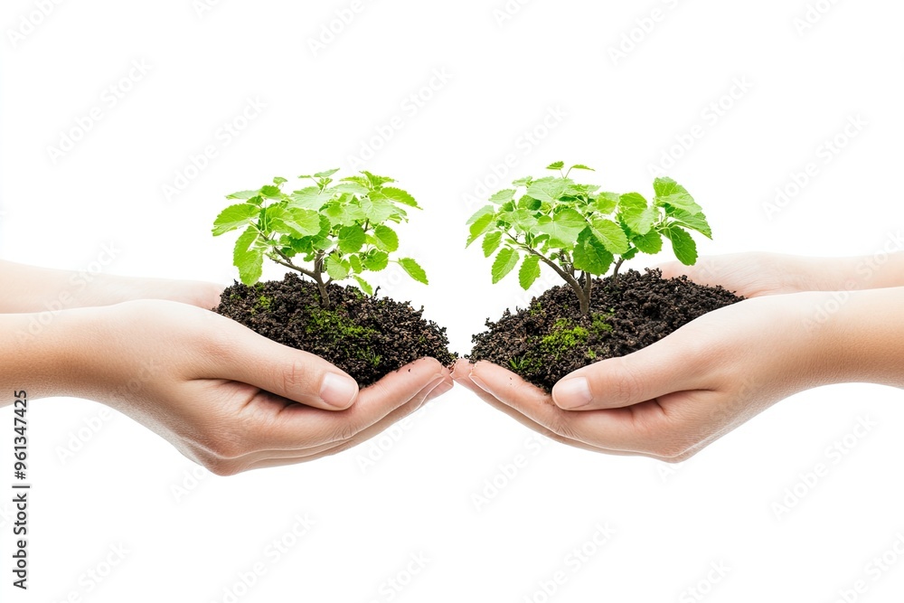 Two hands holding small plants in soil, symbolizing growth and environmental care. Two hands holding small plants in soil, symbolizing growth and environmental care.