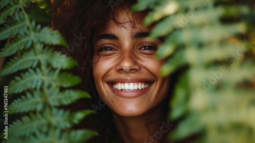 A woman smiles brightly, her face partly hidden by a leafy fern. She's enjoying the outdoors, finding peace and happiness in nature.