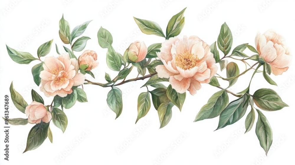 Delicate Watercolor Peonies and Leaves: A Botanical Illustration of Natural Beauty Delicate Watercolor Peonies and Leaves: A Botanical Illustration of Natural Beauty