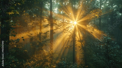 Sunbeams Piercing Through Misty Forest