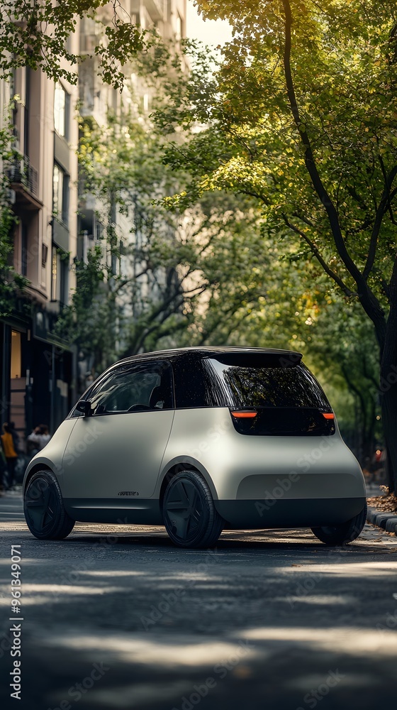 Modern, friendly, and affordable small electric car in a city setting Modern, friendly, and affordable small electric car in a city setting