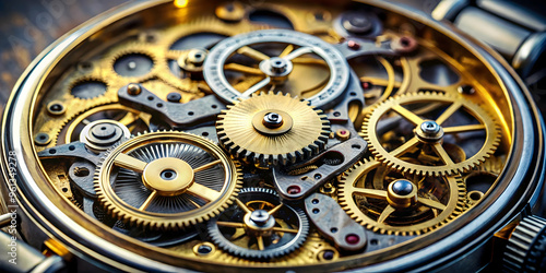 Intricate Clockwork: A mesmerizing close-up of a complex clockwork mechanism, showcasing intricate gears and intricate details, highlighting the elegance and precision of engineering.   photo