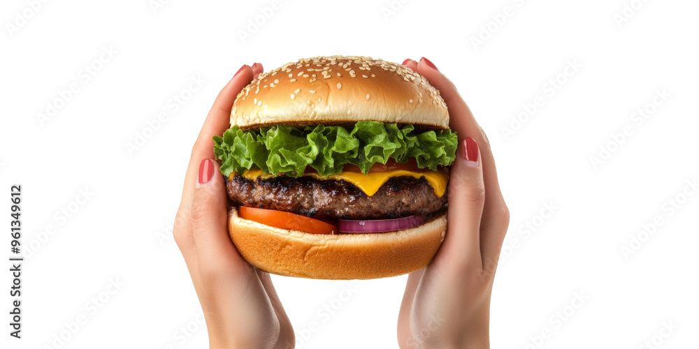 Woman's hands holding a large hamburger isolated on a white background Woman's hands holding a large hamburger isolated on a white background