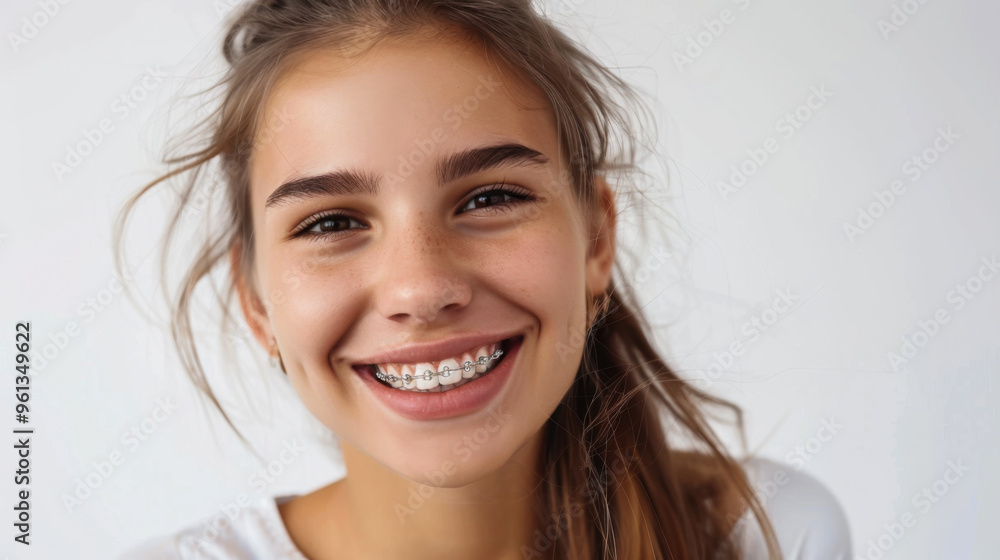 A cheerful young girl showing her braces with a bright smile, enjoying a moment indoors. A cheerful young girl showing her braces with a bright smile, enjoying a moment indoors.