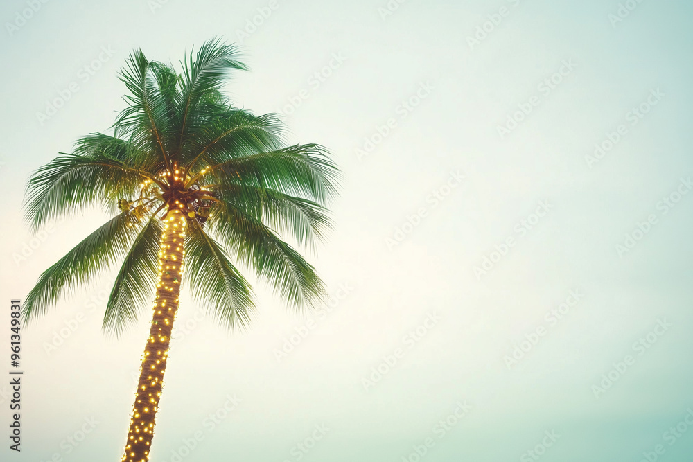 Obraz premium Tropical coconut palm tree illuminated by string lights at dusk Christmas, New Year
