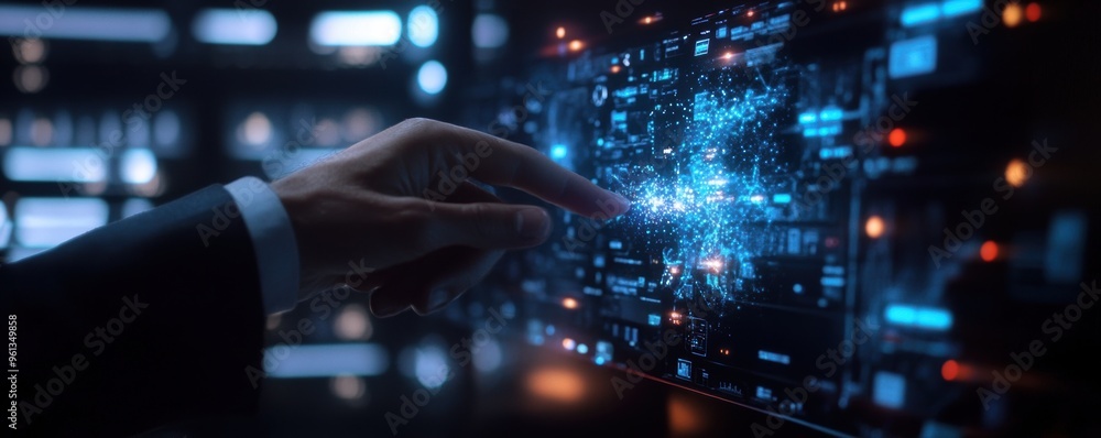A businessperson interacts with a holographic interface, swiping through virtual data A businessperson interacts with a holographic interface, swiping through virtual data
