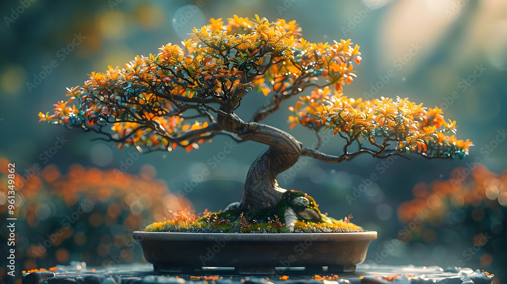 Bonsai Tree Illustration with Golden Leaves
