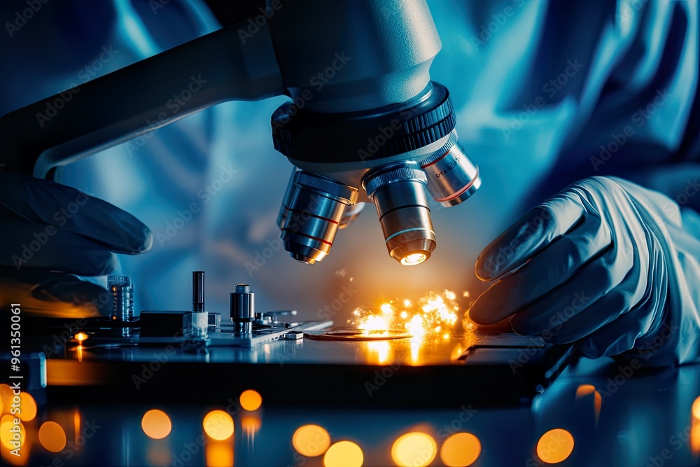 A scientist examines a sample under a microscope, with sparks and lights in the background. A scientist examines a sample under a microscope, with sparks and lights in the background.