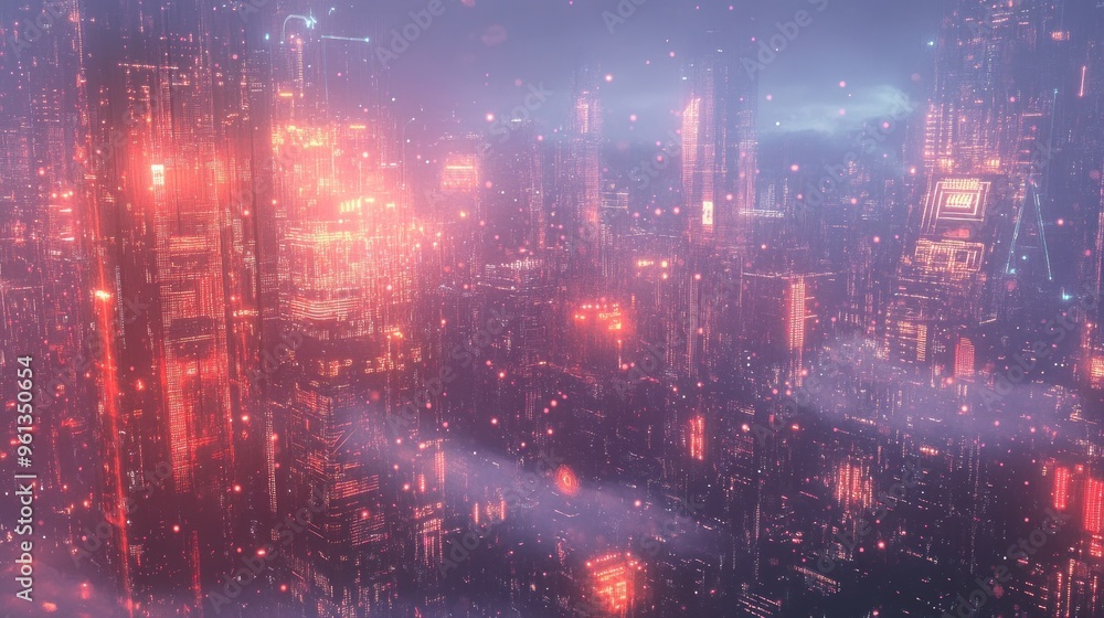 A futuristic cityscape illuminated by vibrant lights and digital effects. A futuristic cityscape illuminated by vibrant lights and digital effects.