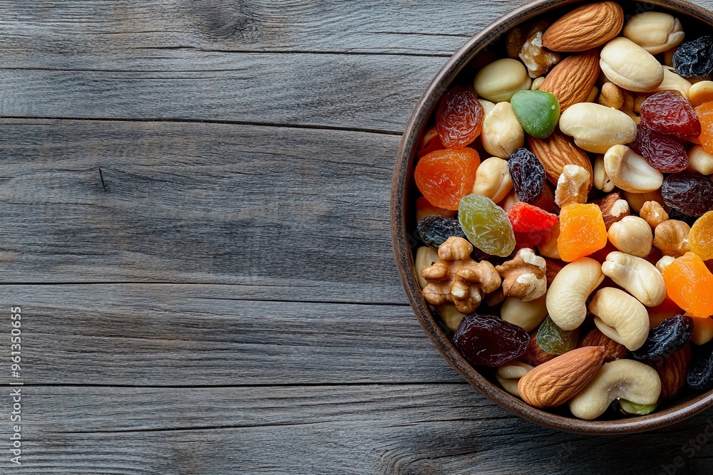 A wooden bowl filled with a colorful mix of nuts and dried fruits on a rustic wooden surface. A wooden bowl filled with a colorful mix of nuts and dried fruits on a rustic wooden surface.