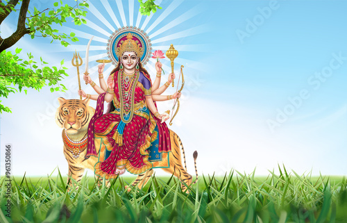 Canvastavla illustration of Indian festival Navratri greetings design, nature background with goddess Durga and tiger , Happy Navratri illustration design