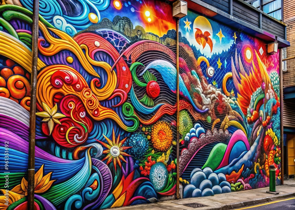 Vibrant urban street art depicts abstract fusion of Japanese kanji characters, swirling patterns, and bold colors, symbolizing cultural exchange and modernity. Vibrant urban street art depicts abstract fusion of Japanese kanji characters, swirling patterns, and bold colors, symbolizing cultural exchange and modernity.