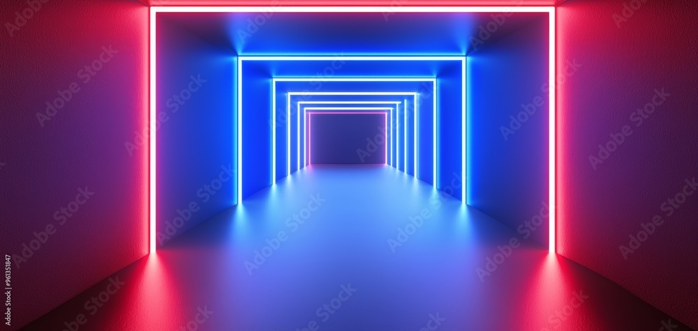 High-tech hallway with contrasting blue and red neon lighting, futuristic design, 3D illustration High-tech hallway with contrasting blue and red neon lighting, futuristic design, 3D illustration
