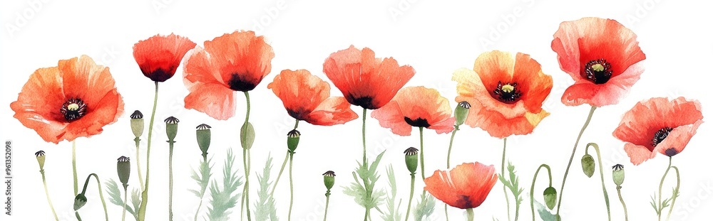 Fototapeta premium Vibrant Watercolor Portrait of Red Poppies in Bloom Capturing Nature's Artistic Elegance