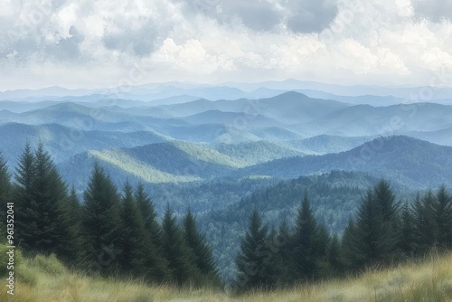 Scenic view of misty mountain landscape with pine forest and rolling hills