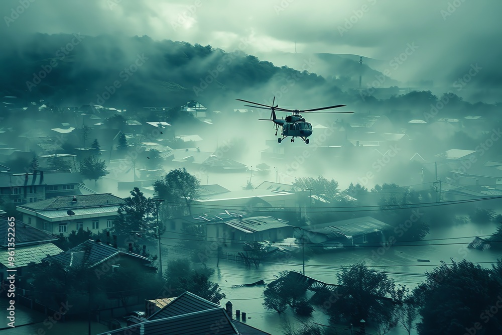 Naklejka premium A lone helicopter flies over a flooded city
