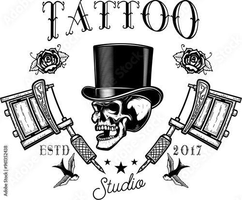 Tattoo studio emblem template. Crossed tattoo machine, skull, roses. Design element for logo, label, sign, poster, t shirt. Vector illustration
