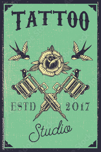 Tattoo studio emblem template. Crossed tattoo machine, roses, swallows. Design element for logo, label, sign, poster, t shirt. Vector illustration