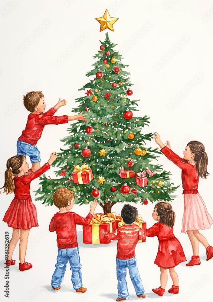 Watercolor background with children and Christmas tree. Watercolor background with children and Christmas tree.