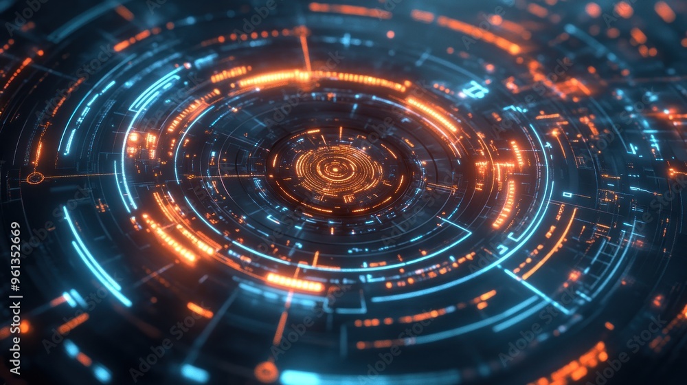 A futuristic digital interface with glowing orange and blue patterns in a circular design.