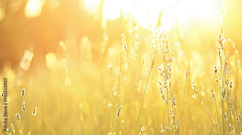 Fototapeta premium Golden Grass Field at Sunset with Bokeh