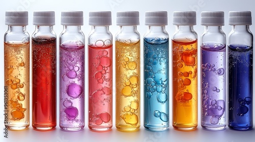 Colorful Liquid Samples in Glass Bottles with Bubbles