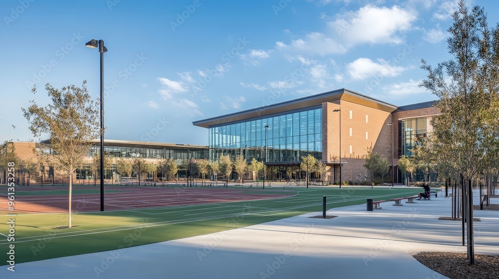 Envision a modern sports complex at a school with facilities for physical education and athletic training. Envision a modern sports complex at a school with facilities for physical education and athletic training.