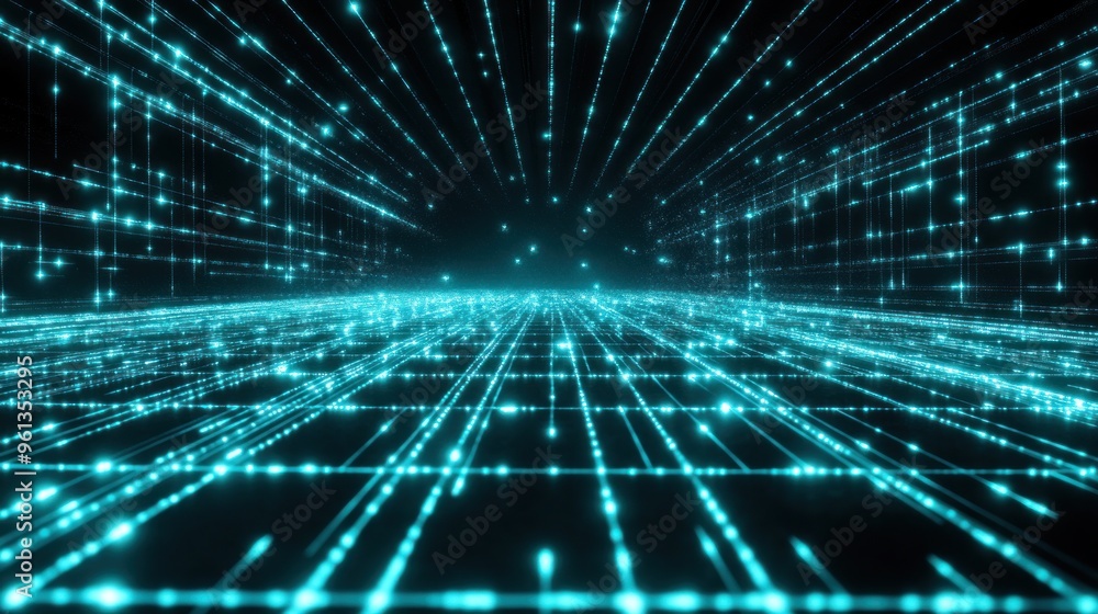 A futuristic digital landscape with glowing lines and particles creating a sense of depth. A futuristic digital landscape with glowing lines and particles creating a sense of depth.