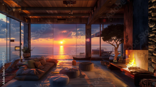 The warm glow of sunset illuminates a stylish living room with a view of the ocean, featuring comfortable seating and a cozy fireplace.