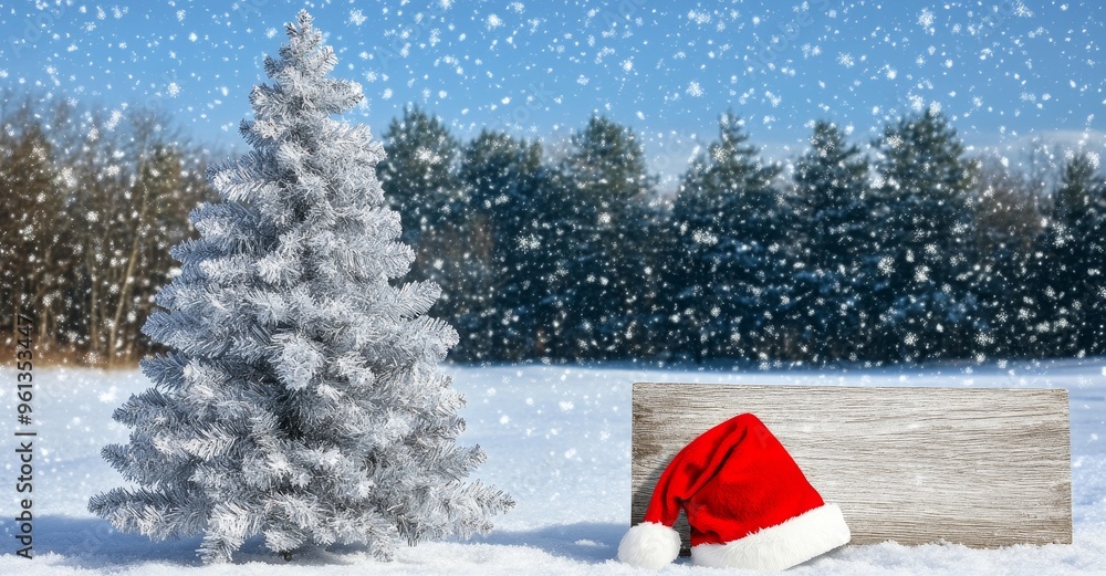 In a Christmas Winter landscape, a wooden signpost with a Santa hat is displayed In a Christmas Winter landscape, a wooden signpost with a Santa hat is displayed