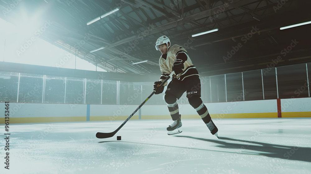 Obraz premium Epic Ice Hockey Player in Action, Intense and Dynamic Hockey Scene background