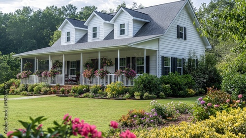 Envision a peaceful country home with a large wraparound porch and a garden filled with blooming flowers.