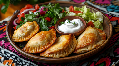 A beautifully plated dish of khuushuur (fried meat pies) with crispy edges, served with a side of sour cream and fresh salad on a traditional Mongolian tablecloth
